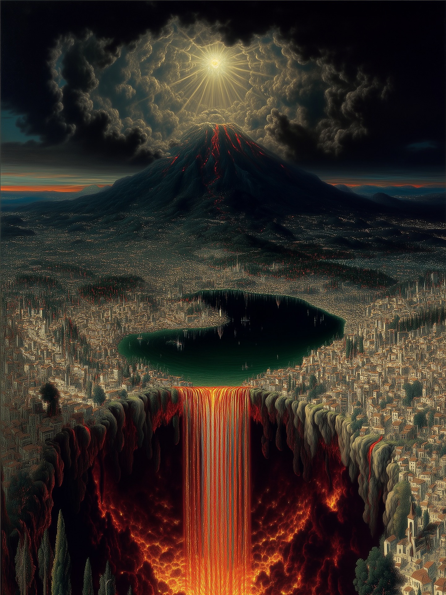 Dramatic fantasy landscape of a volcano overlooking a city and lake, with fiery waterfall, against a cloudy, sunlit sky.